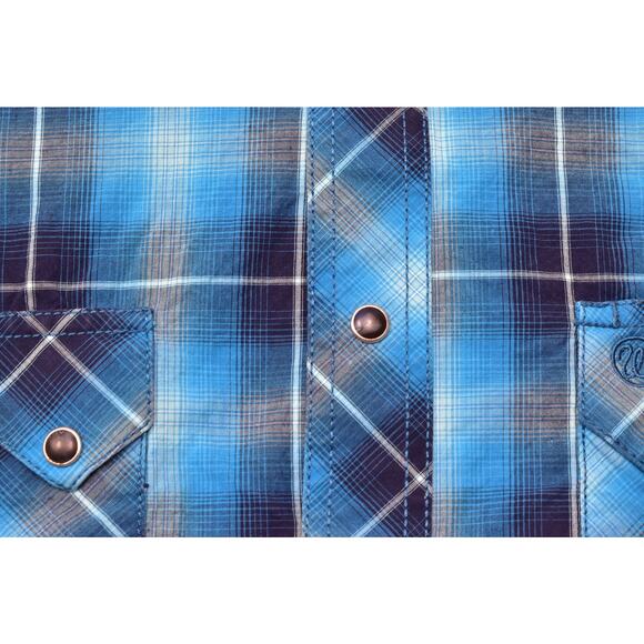 Women's Wrangler Button Tops Size L Long Sleeve Western Plaid Blue Pearl Snap - Picture 6 of 8